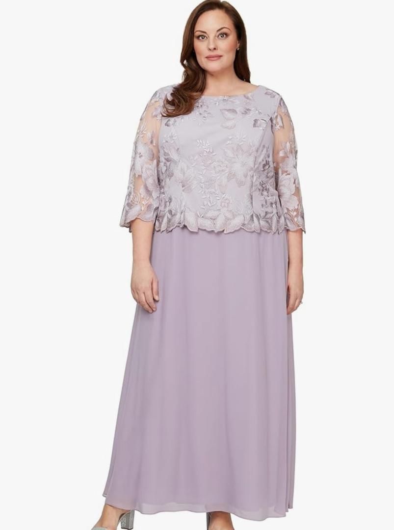 Plus Long Gown with Lace Bodice with 3/4 Illusion Sleeves, Scalloped Hem Detail and Chiffon Skirt 6P, Smokey Orchid Embroidery
