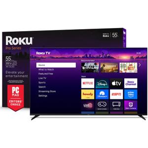 Roku Smart TV  55-Inch Pro Series, Mini-LED TV  RokuTV with Backlit Voice Remote Pro  Flat Screen 4K QLED Television with 120Hz Refresh Rate & Dolby Vision IQ, Live News, Sports, Entertainment