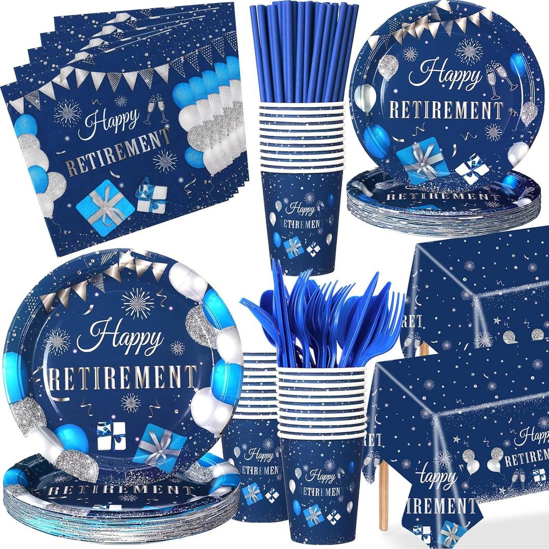 Funnymoom 452 Pcs Retirement Party Decorations Supplies Set Include Blue Silver Retirement Paper Plates Napkins Cups Tablecloth Cutlery Straws for Men Women Say Goodbye Party