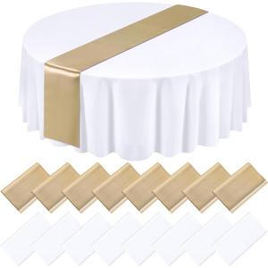 Tudomro 16 Pcs White and Champagne Round Plastic Tablecloth and Satin Table Runner Set 84 Inch Round Covers 12 x 108 Inch Table Runners for Christmas Wedding Birthday Party Baby Shower