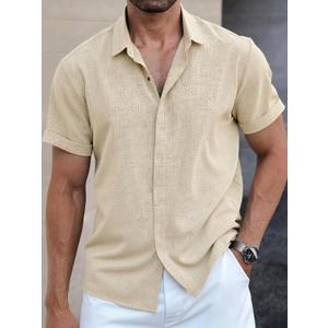 Men's Button Down Shirt Short Sleeve Casual Summer Beach Business Shirt (Beige), Size Medium