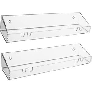 AMT 2 Pack Acrylic Floating Shelves, 15"L x 4.8"W, Clear Bathroom Wall Shelves, Bookshelves, Invisible Shelf For Office, Bedroom, Kitchen, Design with Hanging Slots for Sponge, Free Screws & Drill Bit AMT 2 Pack Acrylic Floating Shelves, 15"L x 4.8"W, Clear Bathroom Wall Shelves, Bookshelves, Invisible Shelf For Office, Bedroom, Kitchen, Design with Hanging Slots for Sponge, Free Screws & Drill Bit