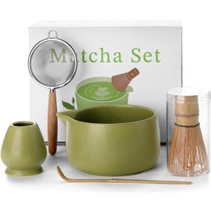 20OZ Matcha Whisk Set - 5PCS Japanese Tea Set Includes Matcha Bowl with Spout, Bamboo Whisk with Ceramic Holder, Bamboo Scoop and Sifter, Matcha Kit for Ceremony, Gift for Matcha Lovers (Matcha Green)