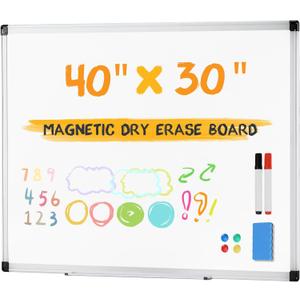 NEWBULIG White Board, 40" x 30" Magnetic Dry Erase Board for Wall with 1 Dry Eraser & 2 Multi-Color Markers & 4 Magnetic Pins, Silver Aluminum Frame for Office, Home, School