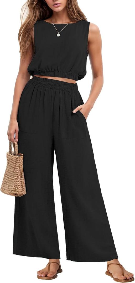 GRECERELLE Two Piece Sets for Women Sleeveless Crop Top Wide Leg Pants Sweat Set for Women Tracksuits 2026 Summer, Small