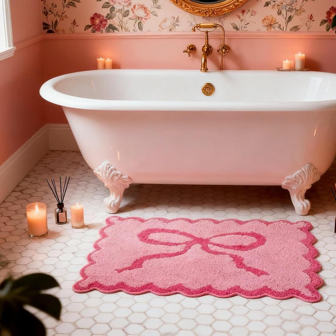 ORTIGIA Cute Pink Bow Scalloped Bath Mat, Fun Plush Microfiber Scallop Bathroom Rugs Non Slip Washable Quick Dry Absorbent, Bath Rug Carpet for Shower Stall Vanities Kitchen Floor Entrance, 20x32 1'8" x 2'8" (Rectangular)