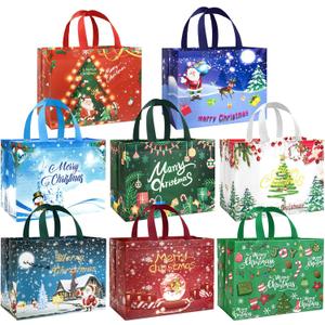 DaiUni 8 Pack Christmas Gift Bags Reusable Large Christmas Tote Bags, Non-Woven Xmas Bags with Handles for Gift Wrapping, Party Favor Supplies, 12.8"9.8"6.7"