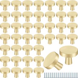 Therwen 50 Pcs Cabinet Knobs Brass Round Drawer Pulls Closet Door Knobs Mushroom Dresser Solid Hardware with Screws for Kitchen Cupboard Bedroom(Gold) (1.18 Inch)