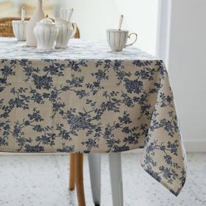 Pastoral Rectangle Tablecloth - 60 x 120 Inch - Beige Table Cloth - Washable Table Cover with Dust-Proof Wrinkle Resistant for Restaurant, Picnic, Indoor and Outdoor Dining, Floral (Dark Blue)