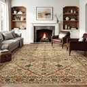 Joydeco 9x12 Area Rugs for Living Room, Non Slip Machine Washable Vintage Rug, Low Pile Chenille Print Rugs for Bedroom, Dining Room, Home Office, Pet & Child Friendly, Tan