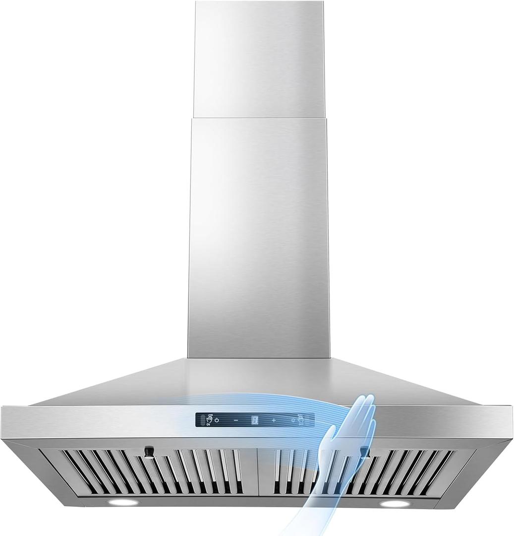 Zomagas 24 Inch Range Hood, Ducted/Ductless Range Hood 450CFM, Wall Mount Kitchen Hood in Stainless Steel, Gesture Sensing & Touch Control, 3 Speed Fan, 2 Pcs Baffle Filters