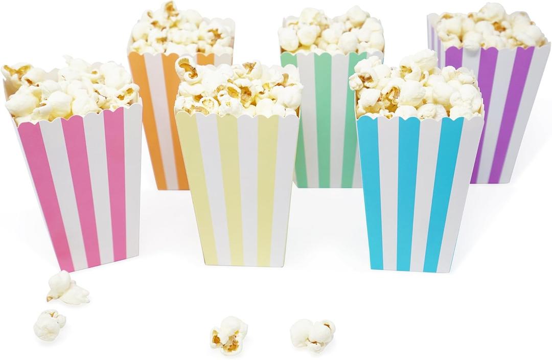 Mini Popcorn & Candy Favor Treat Boxes For Birthday, Bridal and Baby Shower - Assorted Striped Design - 36 Count (Rainbow Pastel Mix)