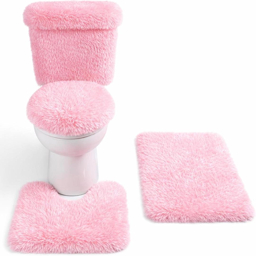 5 Pcs Pink Plush Bathroom Rugs Toilet Mat Set, Soft Absorbent Bathroom Rugs, Washable Shower Rug Set for Toilet, Shower, Tub Area, 50x80cm