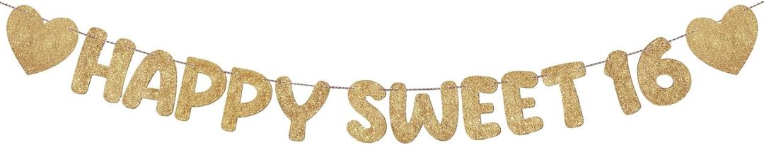 Fulmoon Pre Strung Happy Sweet 16 Banner Glitter Sixteenth Birthday Party Decorations 16th Party Sign Sweet 16 Party Decorations for Birthday Party Bachelorette Party(Champagne Gold)