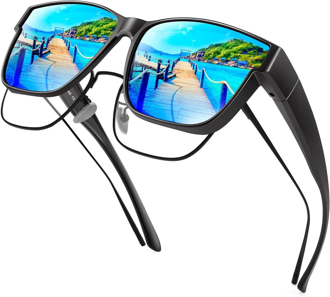 URUMQI Polarized Sunglasses Fit Over Glasses for Men Women, Oversized Square Sun Glasses UV400 Protection Shades (23 Matte Black Frame/Blue Mirrored Lens)