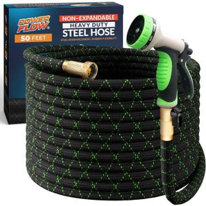 PowerFlow Garden Hose, NON-EXPANDABLE 50 Feet Premium Quality Stainless Steel Metal Water Hose with Durable Fabric Skin, Hose For Commercial, Residential Use, Bonus 10-way Spray Nozzle (50 Ft, Black)