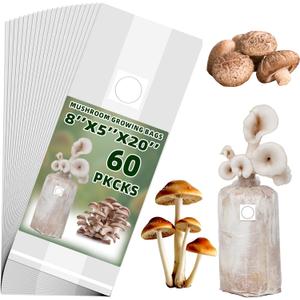 TonGass 60-Pack Large 8"x5"x20" Autoclavable Mushroom Grow Bags Bulk with Microporous Filter Patchs, Extra Thick 80 Micron (=3 Mil), Mushroom Cultivation Spawn Supply Myco Bag Bulk Substrate Bags