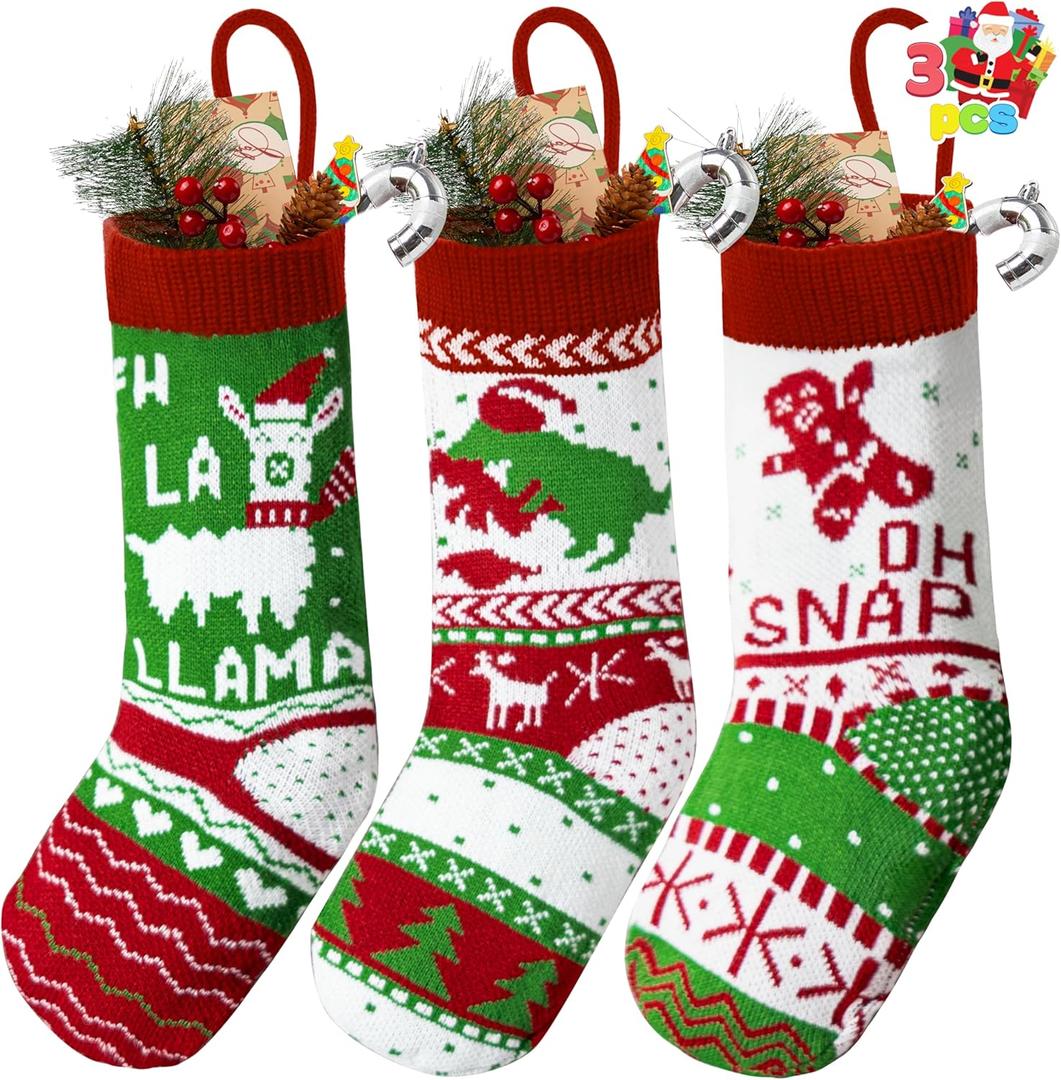 JOYIN 18 Christmas Stockings 3 Packs, Large Size Rustic Cable Knit Xmas Stocking in Red & Green, for Family Holiday Season Decorations