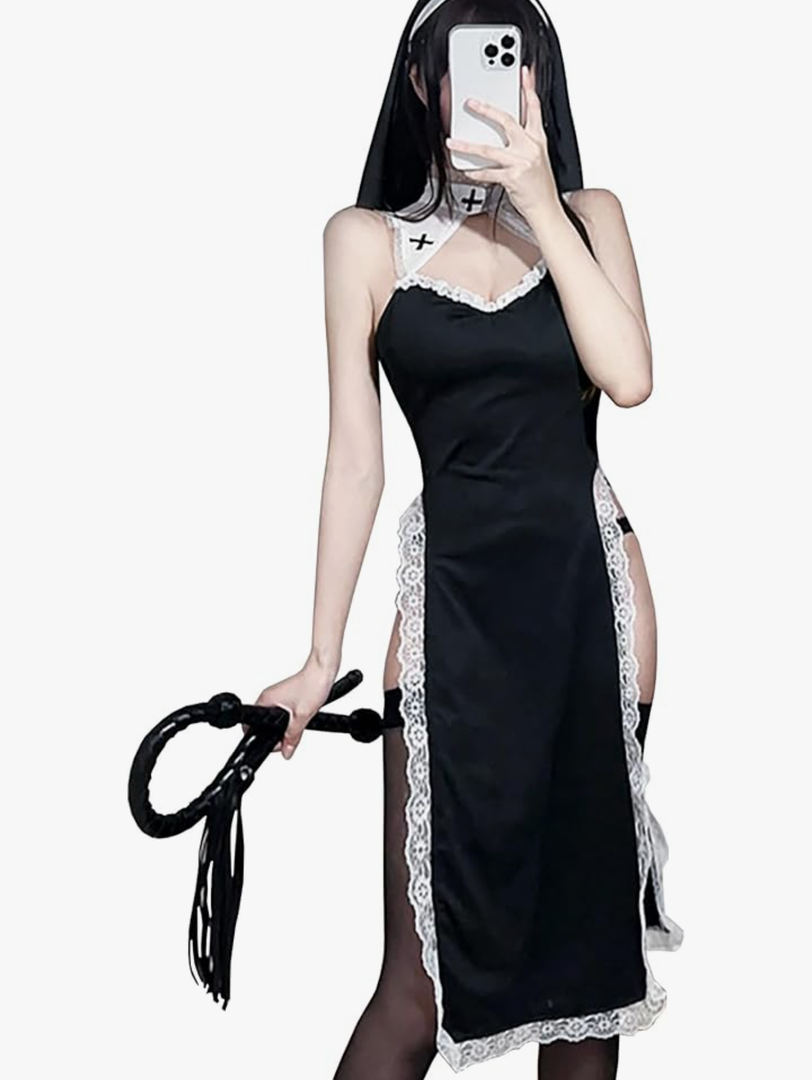 Mingnos Sexy Nun Costume Outfit Cosplay Lingerie for Women Cutout High Slit Lace Dress with Nun Headpiece (M/L) (Without Wip)