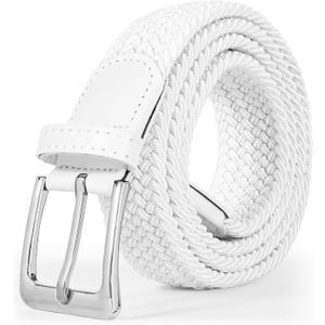JASGOOD Women Braided Woven Elastic Stretch Belt Men White Web Casual Belt for Pants Jeans(White, Silver Buckle, Fit Pant Size 26-31inch)