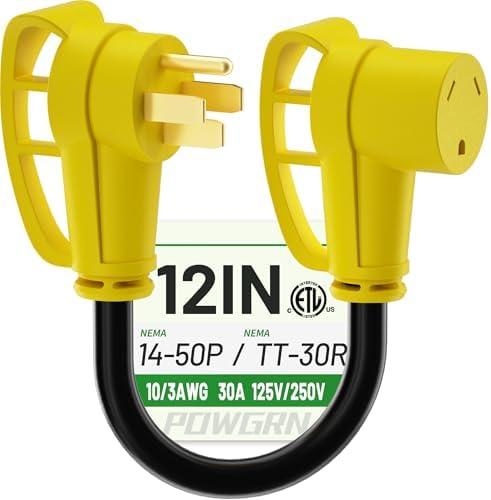 POWGRN 50 Amp to 30 Amp RV Adapter 12 inch, Heavy Duty Extension Cord 10/3 Gauge RV Electrical Adapter, NEMA 14-50P Male to NEMA TT-30R Female, STW 30AWG 30A 125V 3750W, Black-Yellow, ETL Listed