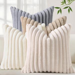 decorUhome Set of 4 Spring Faux Fur Throw Pillow Covers 18x18 Inch Decorative Farmhouse Modern Soft Plush Striped Couch Pillow Covers with Velvet Back for Sofa, Bed, Living Room, Khaki/Beige