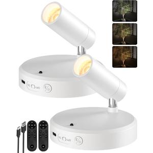 EZVALO Spot Lights Indoor,5500mAh Rechargeable Picture Lights with Remote,Wireless Mini Art Accent Spot Lights with Timer＆Dimmable, 3CCT, Uplights Indoor for Plants,Display,Artwork(2Pack-White)