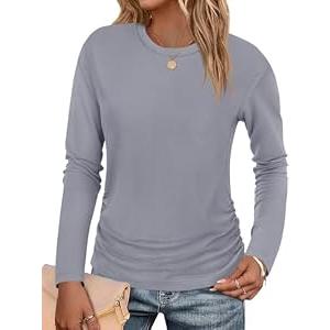 Tankaneo Womens T-Shirts Summer Long Sleeve 2025 Crew Neck Blouse Dressy Casual Ruched Slim Fit Trendy Tops Gray, Small