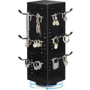 Black Rotating Pegboard Display Stand Pegboard Spinner Organizer(NO HOOKS), 4 x 4 x 12 Inches Four Sided Retail Display Racks Revolving Metal Display Turntable for Jewelry, Accessories, Crafts