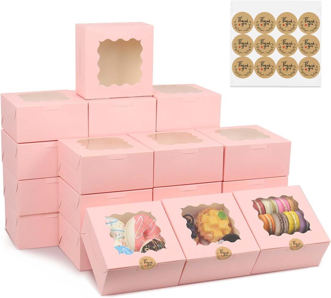 50 Pcs 6x6x3 Inches Bakery Boxes with Window, Pink Cookie Boxes for Gift Giving, Treat Boxes for Desserts, Macarons, Donuts, Pastries