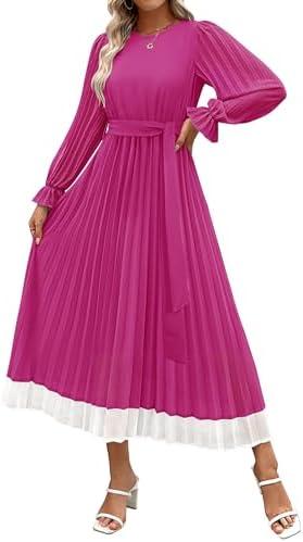 ZESICA Women's Spring Long Sleeve Chiffon Dress Casual Crew Neck Pleated A Line Flowy Midi Dresses with Belt (Medium)
