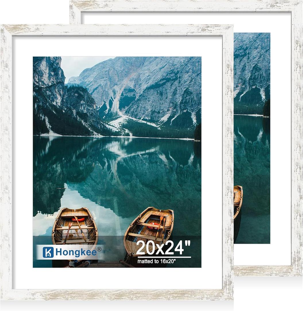Hongkee 20x24 Frame Set of 2, Distressed White Wood Style - Display 16x20 Picture with Mat or 20 x 24 Poster without Mat, Wall Mounting Horizontal and Vertical