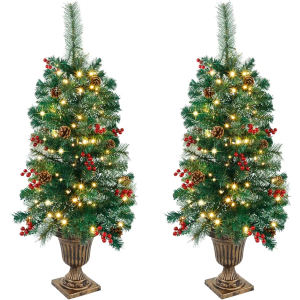 Juegoal 2 Pack Christmas Tree, 3 FT Pre-Lit Artificial Crestwood Spruce Entrance Trees in Gold Urn Base with 100 LEDs Lights, Pine Cones, Red Berries for Front Door, Porch, Entryway Xmas Decorations
