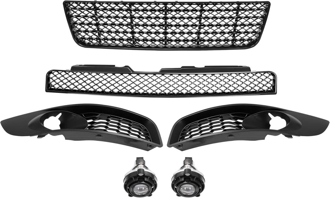 HECASA Upper & Lower Grille + Fog Lights & Bezels Compatible with 2006-2013 Chevy Chevrolet Impala All Models 2014-2016 Chevy Impala Limited Front Bumper Grill Plastic(ABS+PP)+Glass Black