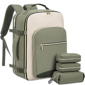 Tilisidan Fashion Waterproof Travel & Business Backpack for Men and Women, 4-Piece Set with Pouches, Large Capacity 17-Inch Laptop Bag for School and Work (Beige-Light Green)