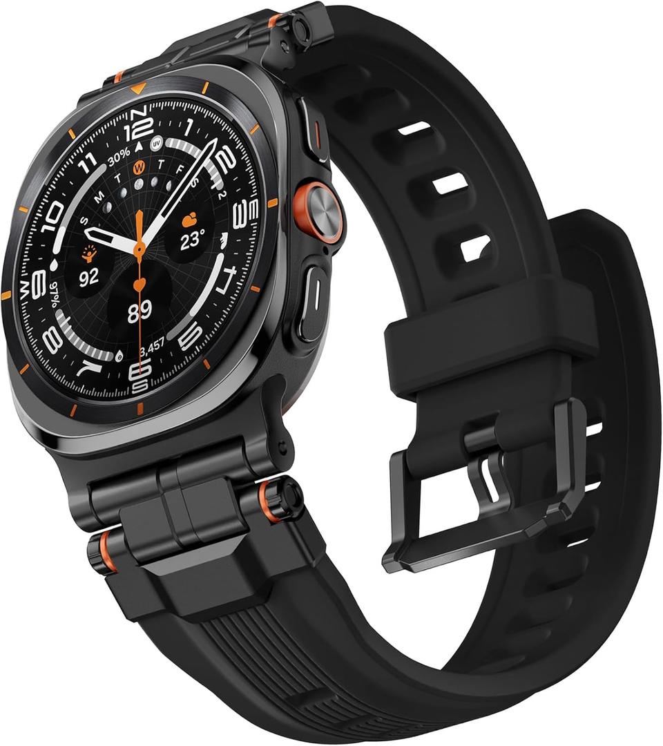 Bandletic Liquid Silicone Bands Compatible with Samsung Galaxy Watch Ultra Band 2025 2024 47mm for Men - Soft Rugged Sport Strap with Stainless Steel Buckle - Black Band with Black Connector