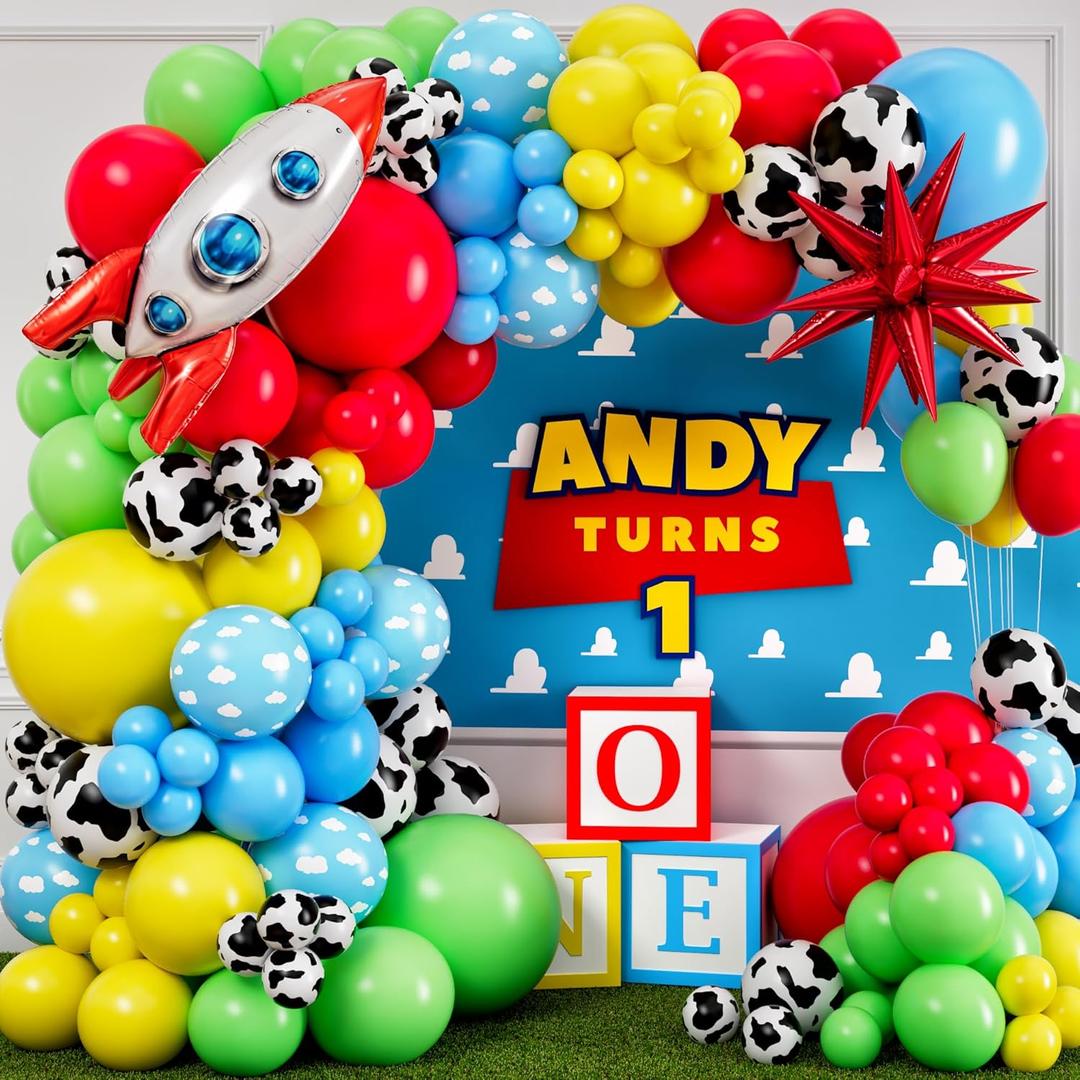 ALL-IN-1 Toy Inspired Story Balloons Arch Kit with BONUS Rocketship & Starburst balloons  Toy Balloons with Cloud & Cow for Boy Story Baby Shower Decorations & First Toy Story Birthday Party Supplies