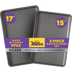 Wilton Silver 2- Piece Non-Stick Baking Sheet Set, Cold-Rolled Steel Bakeware for Baking and Roasting, Made without PFAS