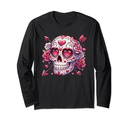 Valentine's Day Decorative Skull Hearts Roses Tattoo Goth Long Sleeve T-Shirt Medium
