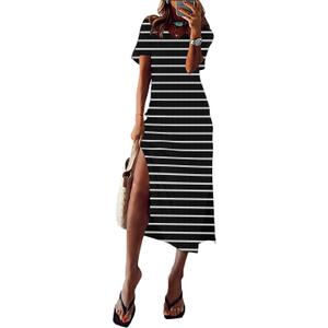 MARZXIN Women 2026 Casual Maxi Dress Short Sleeve V Neck Stripe Sundress Split Loose Long Summer Tshirt Activewear Dress (Medium, New-black Ribbed Stripe)