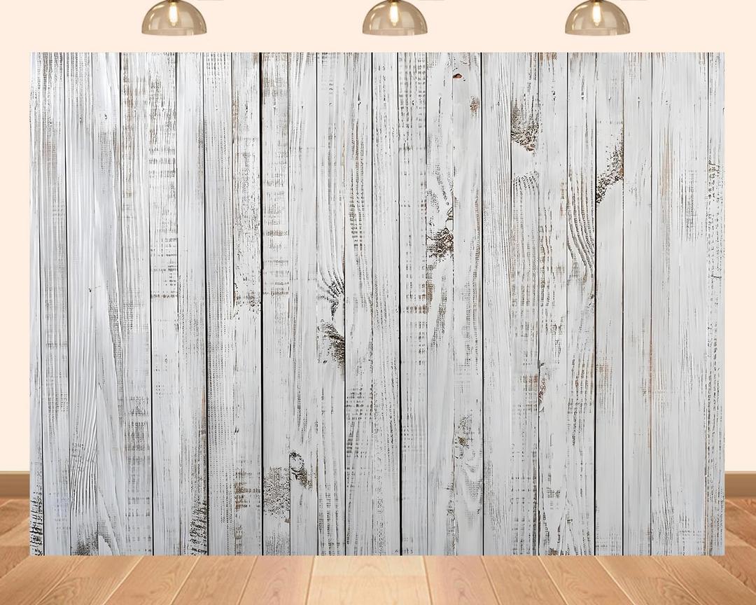 7x5ft Fabric White Gray Wood Backdrop Vintage Rustic Wooden Floor Photograph Background for Baby Shower Birthday Party Cake Table Decoration Banner Photo Booth Prop
