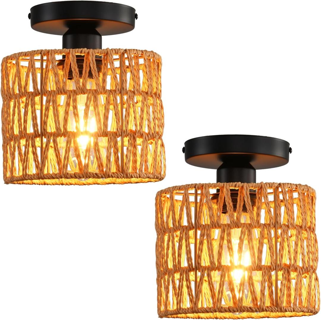 Ceiling Light Fixture,Hand-Woven Rattan Flush Mount Ceiling Light,Farmhouse Light Fixtures Ceiling Mount Boho for Hallway Bedroom Kitchen Entryway Living Room