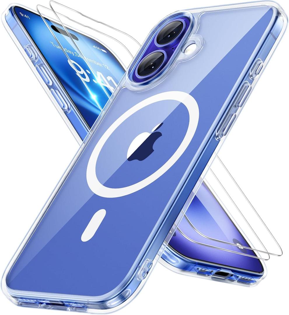 Miracase Magnetic Clear for iPhone 16 Plus Case [Compatible with MagSafe] [with 2X Screen Protectors] Military-Grade Protection, Anti-Fingerprint, Slim Phone Case for 16 Plus 6.7 inch - Crystal Clear