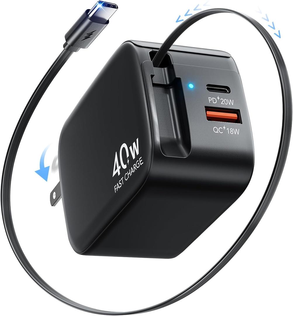 Retractable Wall Charger Block for iPhone 16 15, 40W PD Fast Charger with Retractable Type C Cable and USB/Type-C Port,3 in 1 Charger Adapter with Foldable Plug for Galaxy S25/Ultra/S25+/Mac/Pixel