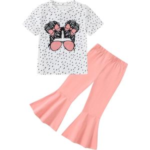 CARETOO Girls Summer Outfit Poster Girl Matching Sister 2pcs Sets Printed t-Shirt + Flare Leg Pants For 3-8 Years