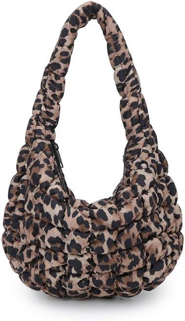 Lmbabter Leopard Tote Bag for Women Stylish Quilted Tote Handbag Lightweight Puffer Hobo Bag Padding Carryall Daypack (Brown)