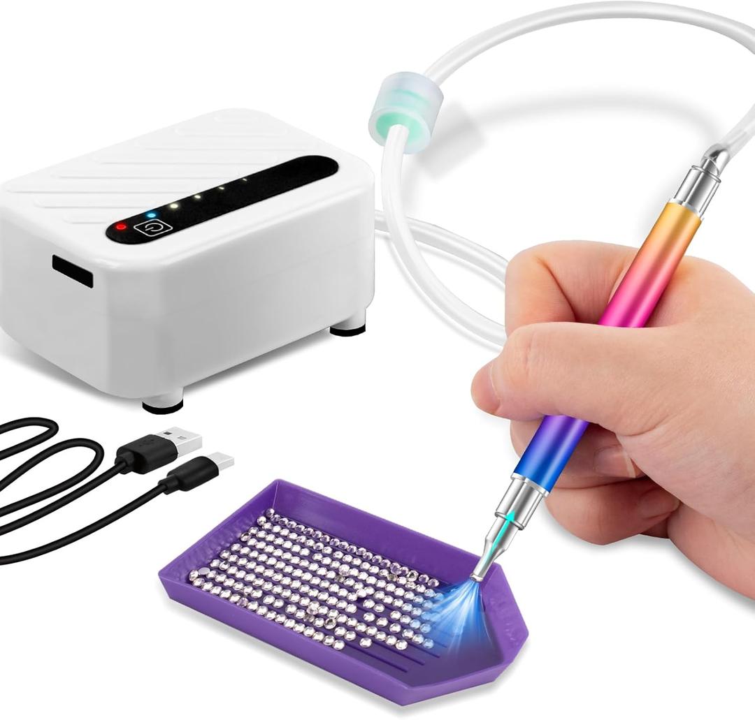 Diamond Art Pens No Wax Needed, Vacuum Diamond Painting Pen Electrical Pick Up AB-Stones, Rechargeable Vacuum Pump, Low-Noise, 3 Suction Modes & Indicator Lights for Remaining Electric, Storage Tray