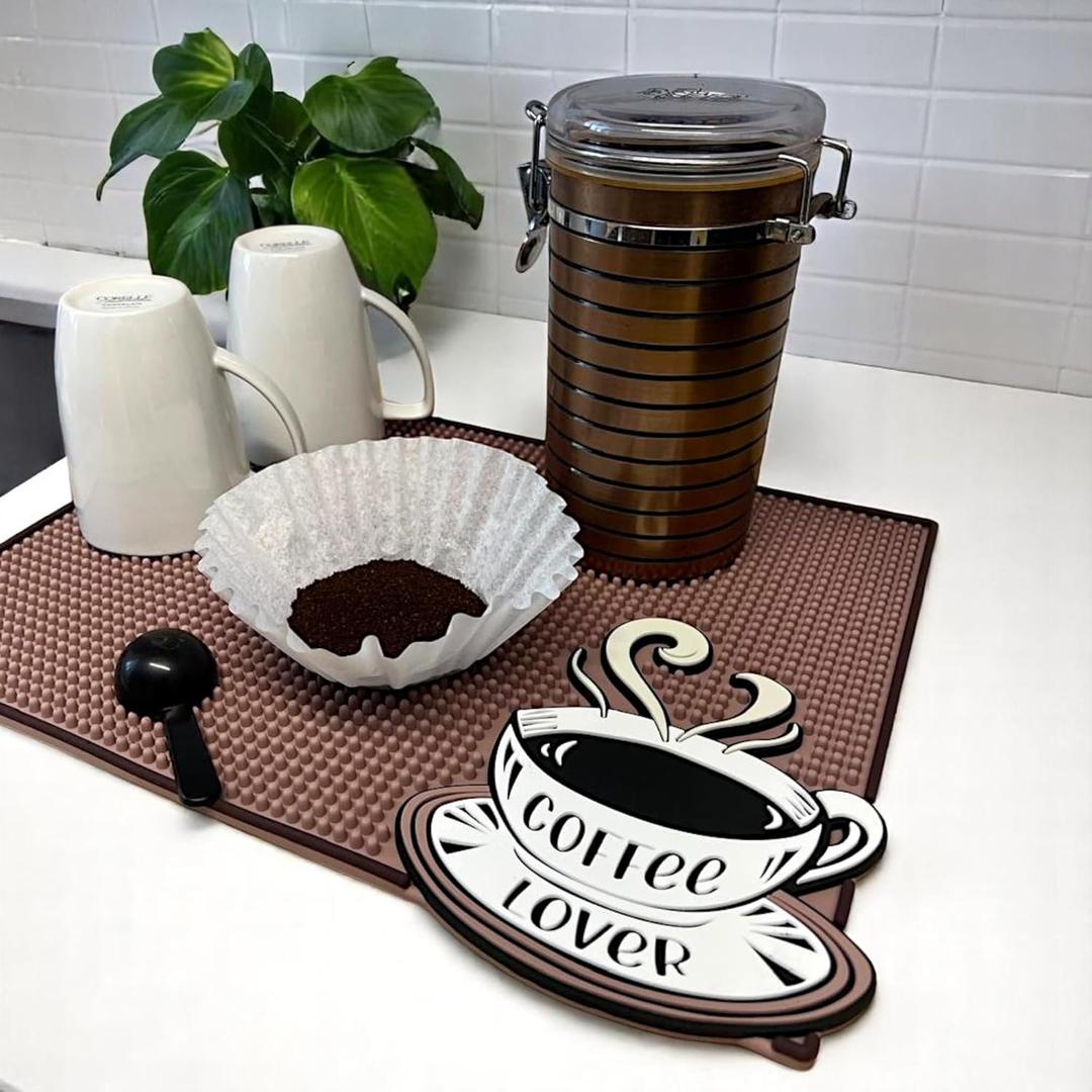Coffee Bar Mat 16"x12"  0.30in Thick Non-Slip Rubber Countertop Protector, Spill-Proof Durable Kitchen Mat for Coffee Station, Barista Mat, Glass Drying & Bar Accessories (Cafe Au Lait)
