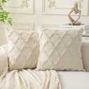 Set of 2 Soft Moroccan Throw Pillow Covers 18x18 Inch Plush Boho Decorative Pillow Cover Accent Cushion Case for Couch Sofa Bed, Beige