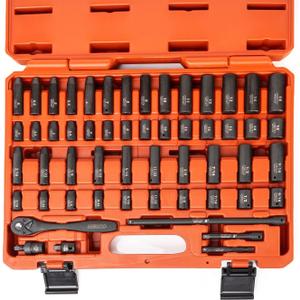 NEIKO 02437A 1/4 Drive Impact Socket Set 54 Piece Metric & Standard, Deep & Shallow Chrome Vanadium Steel 3/8” to 1/4” Reducer Hex Shank Adapter, Metric and Standard, Deep Socket Set
